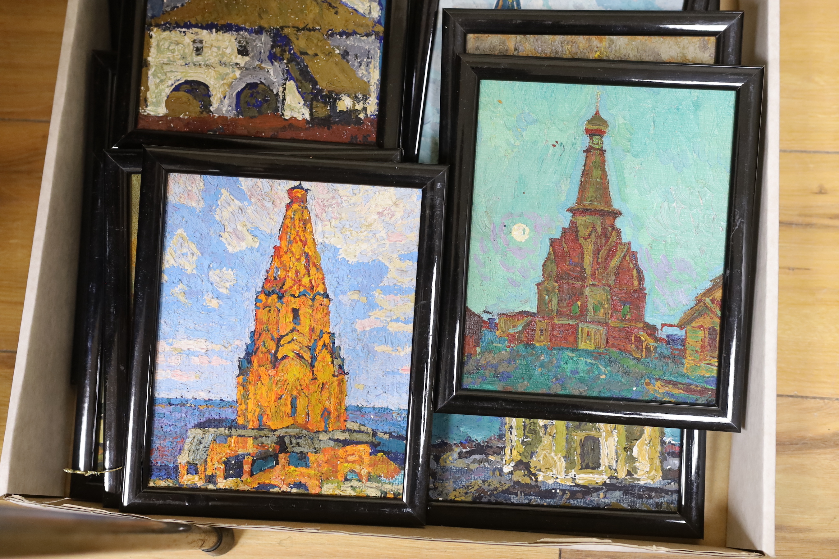 Russian School, set of twelve oils on board, Views of historic buildings, 18 x 15cm